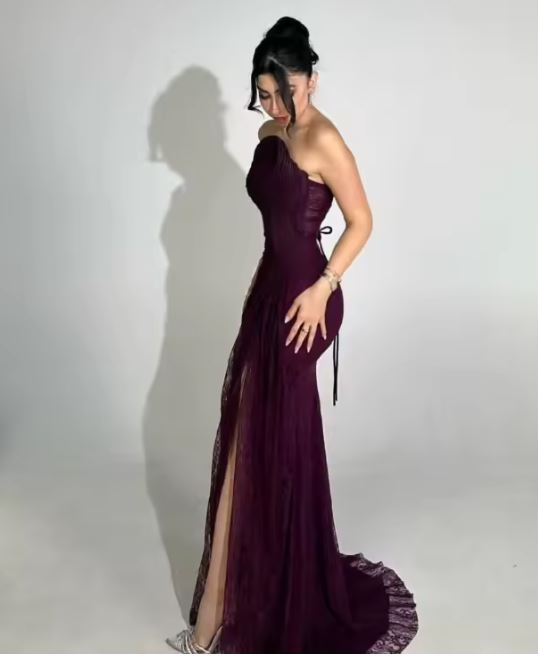 Strapless Draped Evening Gown with High Slit