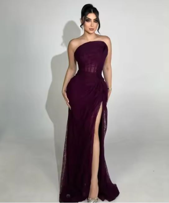 Strapless Draped Evening Gown with High Slit