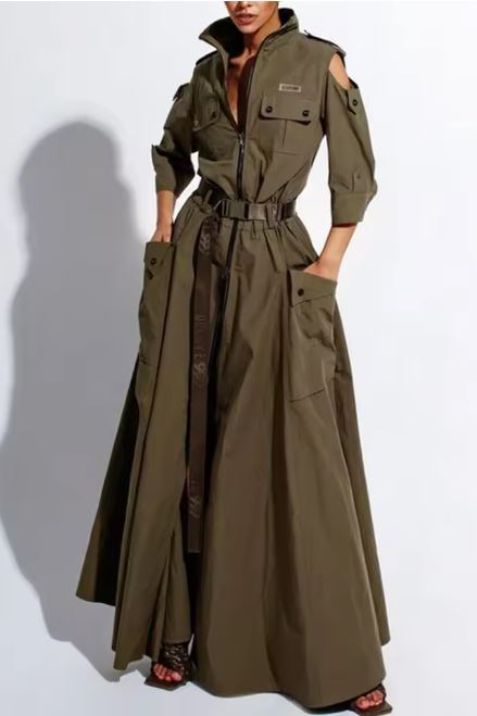 Turn-down Collar Cold Shoulder Maxi Dresses