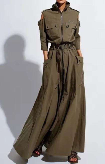 Turn-down Collar Cold Shoulder Maxi Dresses