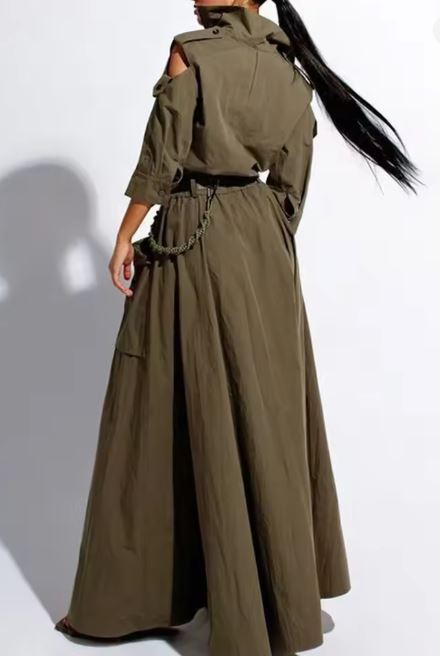 Turn-down Collar Cold Shoulder Maxi Dresses