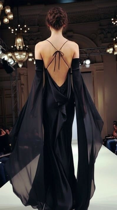 Black Satin Backless Gown with Sheer Cape Sleeves
