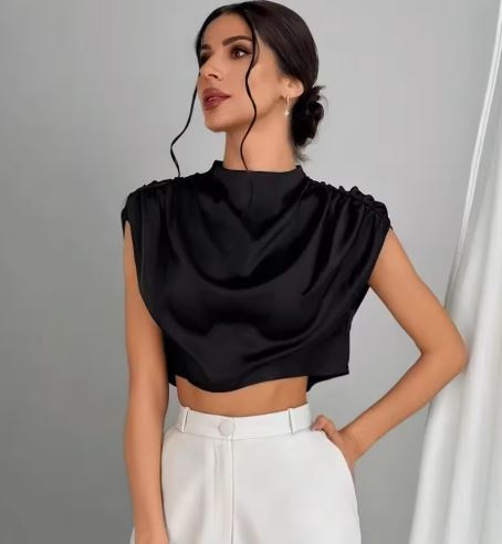 Satin High-Neck Draped Crop Top