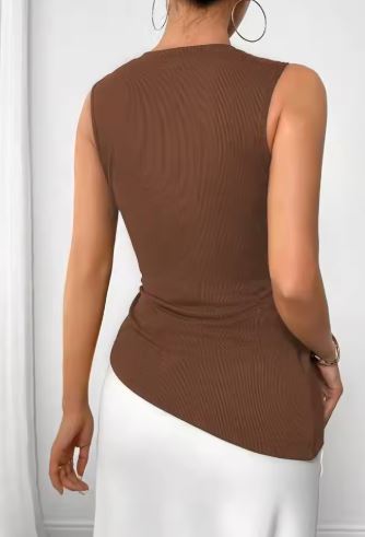 Sleeveless Brown Side-Knot Top with Gold Ring Detail