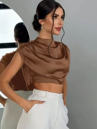 Satin High-Neck Draped Crop Top