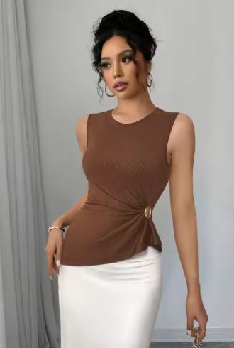 Sleeveless Brown Side-Knot Top with Gold Ring Detail