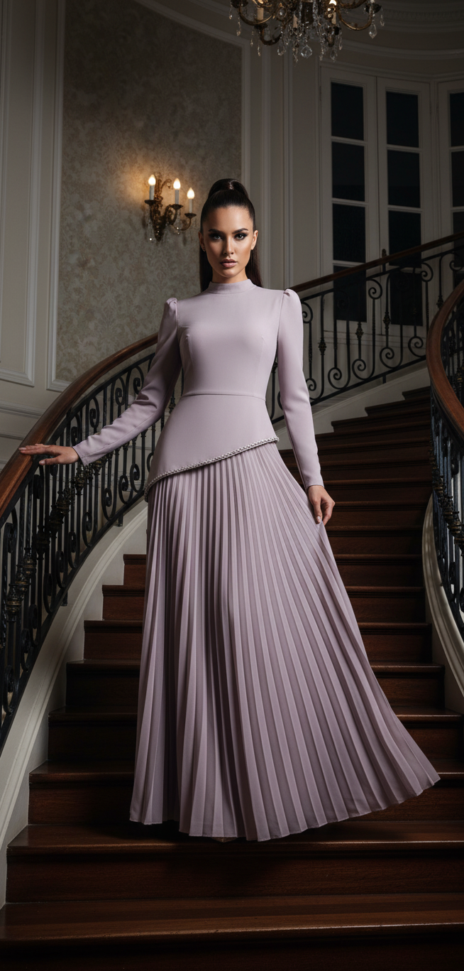 Elegant Pleated Maxi Dress with Beaded Edged Peplum