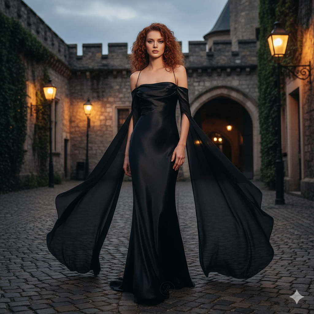Black Satin Backless Gown with Sheer Cape Sleeves