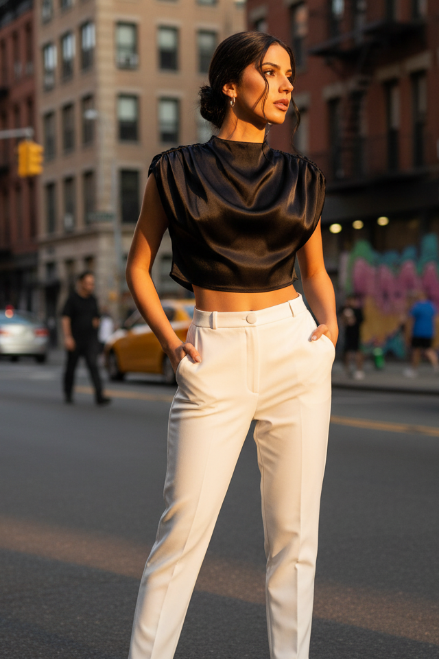 Satin High-Neck Draped Crop Top
