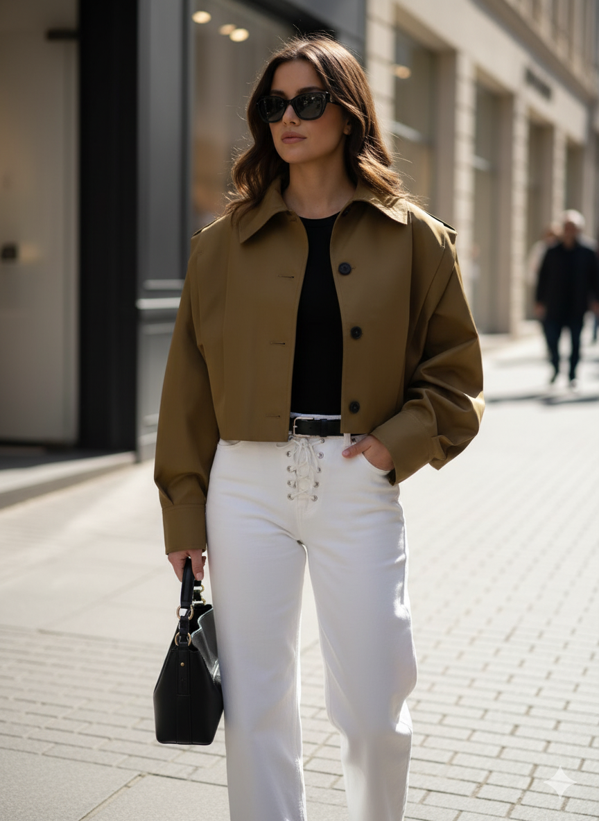 Oversized Cropped Khaki Jacket with Structured Sleeves