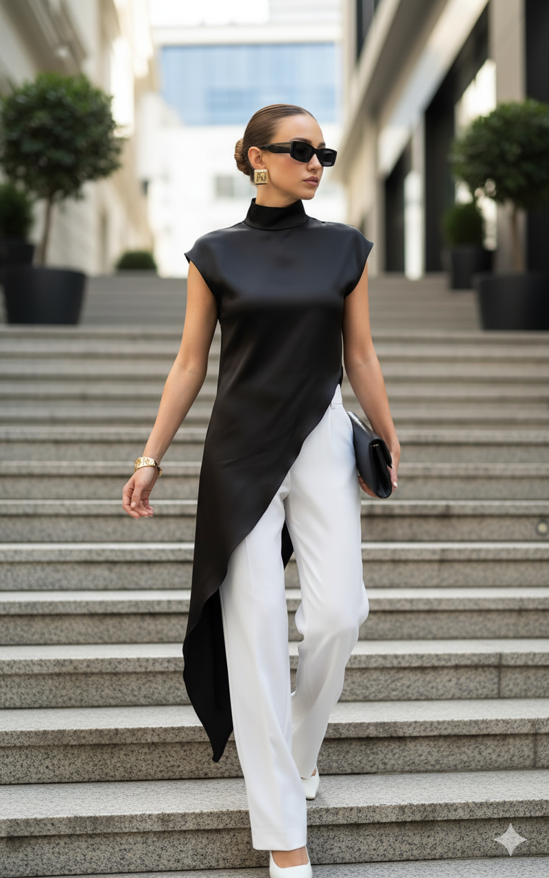 Asymmetrical Black Satin High-Neck Blouse