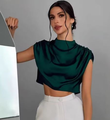 Satin High-Neck Draped Crop Top
