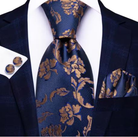 Navy Blue & Gold Floral Silk Tie Style 916