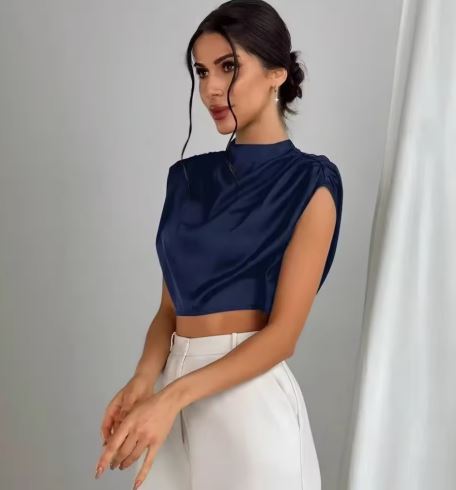 Satin High-Neck Draped Crop Top