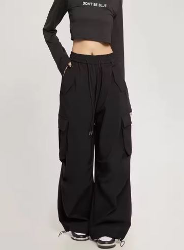 Black Cargo Pants with Multi-Pocket Design Oversized Utility