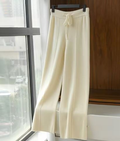 Cream Soft Knit Drawstring Wide-Leg Pants