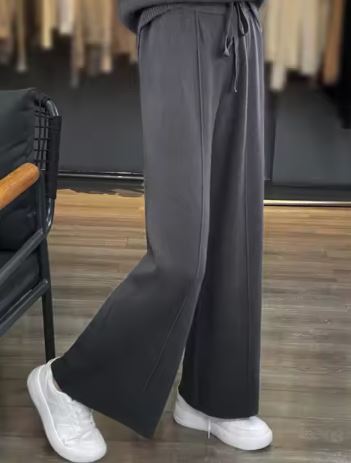 Gray Soft Knit Drawstring Wide-Leg Pants