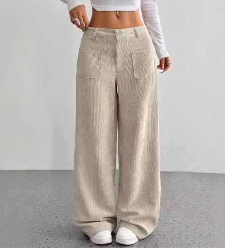 Corduroy Wide-Leg Pants with Front Pockets