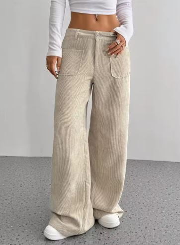 Corduroy Wide-Leg Pants with Front Pockets