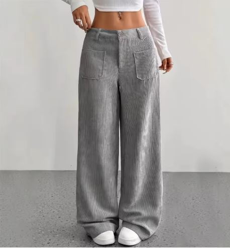 Corduroy Wide-Leg Pants with Front Pockets