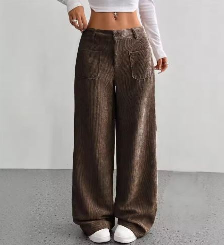 Corduroy Wide-Leg Pants with Front Pockets