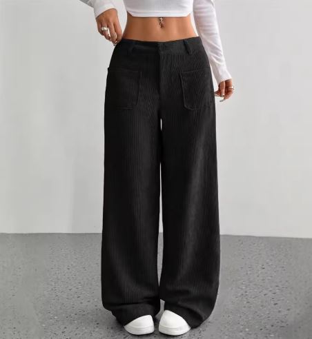 Corduroy Wide-Leg Pants with Front Pockets