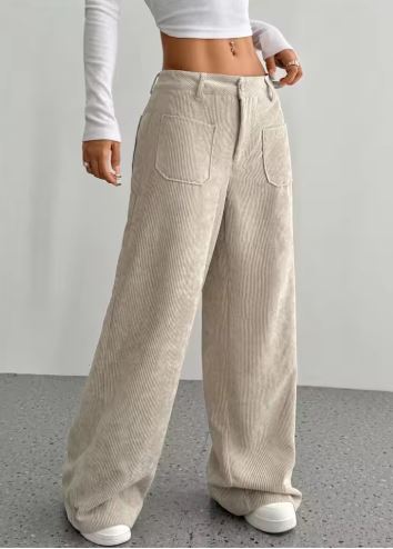 Corduroy Wide-Leg Pants with Front Pockets