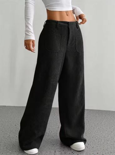 Corduroy Wide-Leg Pants with Front Pockets