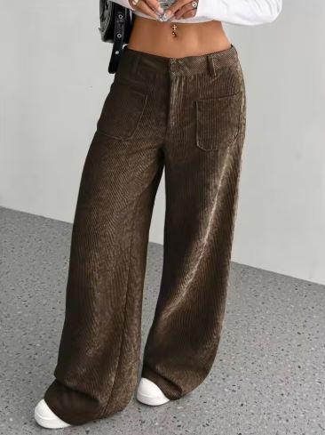 Corduroy Wide-Leg Pants with Front Pockets