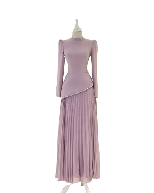 Elegant Pleated Maxi Dress with Beaded Edged Peplum