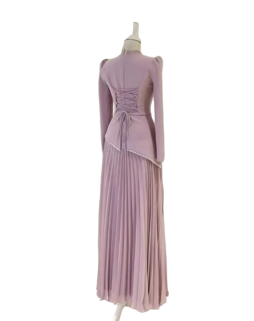 Elegant Pleated Maxi Dress with Beaded Edged Peplum