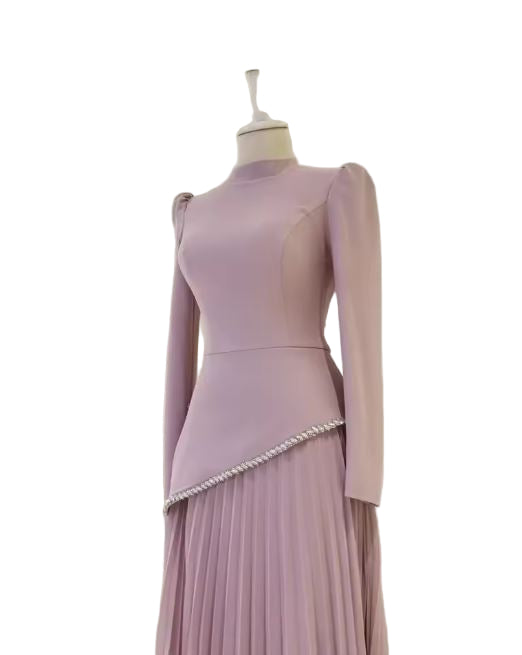 Elegant Pleated Maxi Dress with Beaded Edged Peplum