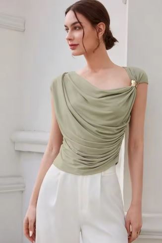Sage Green Draped Asymmetrical Top with Gold Accent